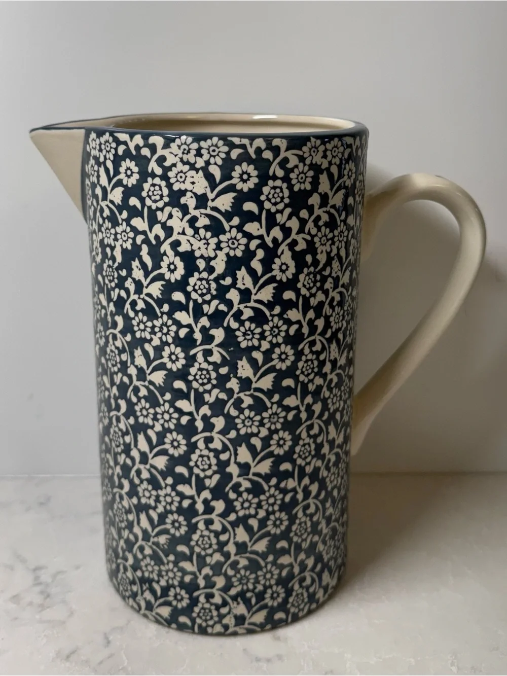 Anthropologie Navy and Cream Floral Ceramic Tana Floral Pitcher